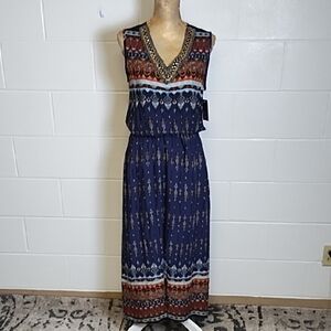 Bohemian Maxi Dress with Beaded V-Neckline Elastic Blouson Shirt Waist NWT